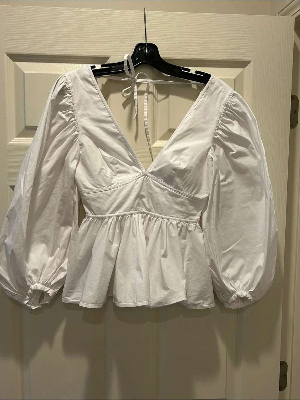 STAUD White Deep V Peplum Puff-Sleeve Blouse